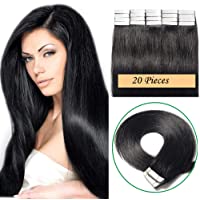 12&quot-(30cm) Extensiones Adhesivas de Cabello Natural Sin Clip [2gx20pcs] #1 Negro Intenso 100% Remy Pelo Humano Invisible…